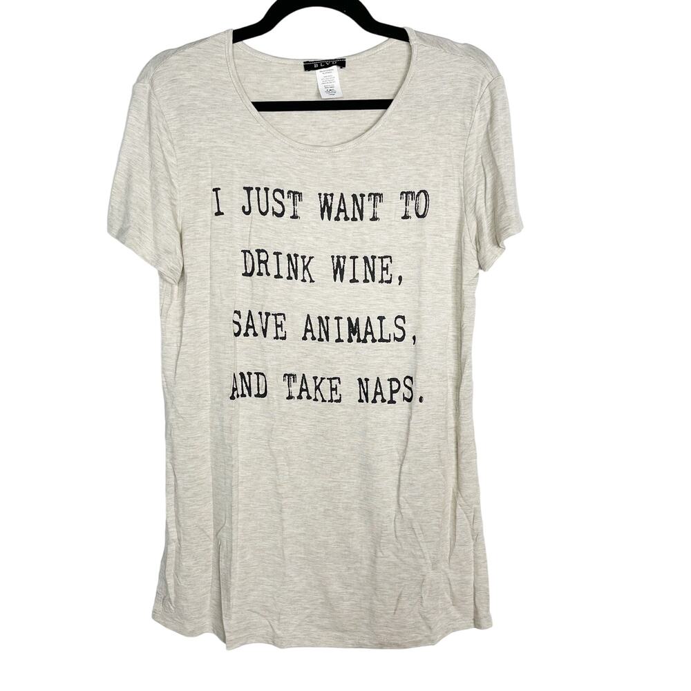 New BLVD Medium M Cream Drink Wine Save Animals Tee Modal Stretch Side Slit